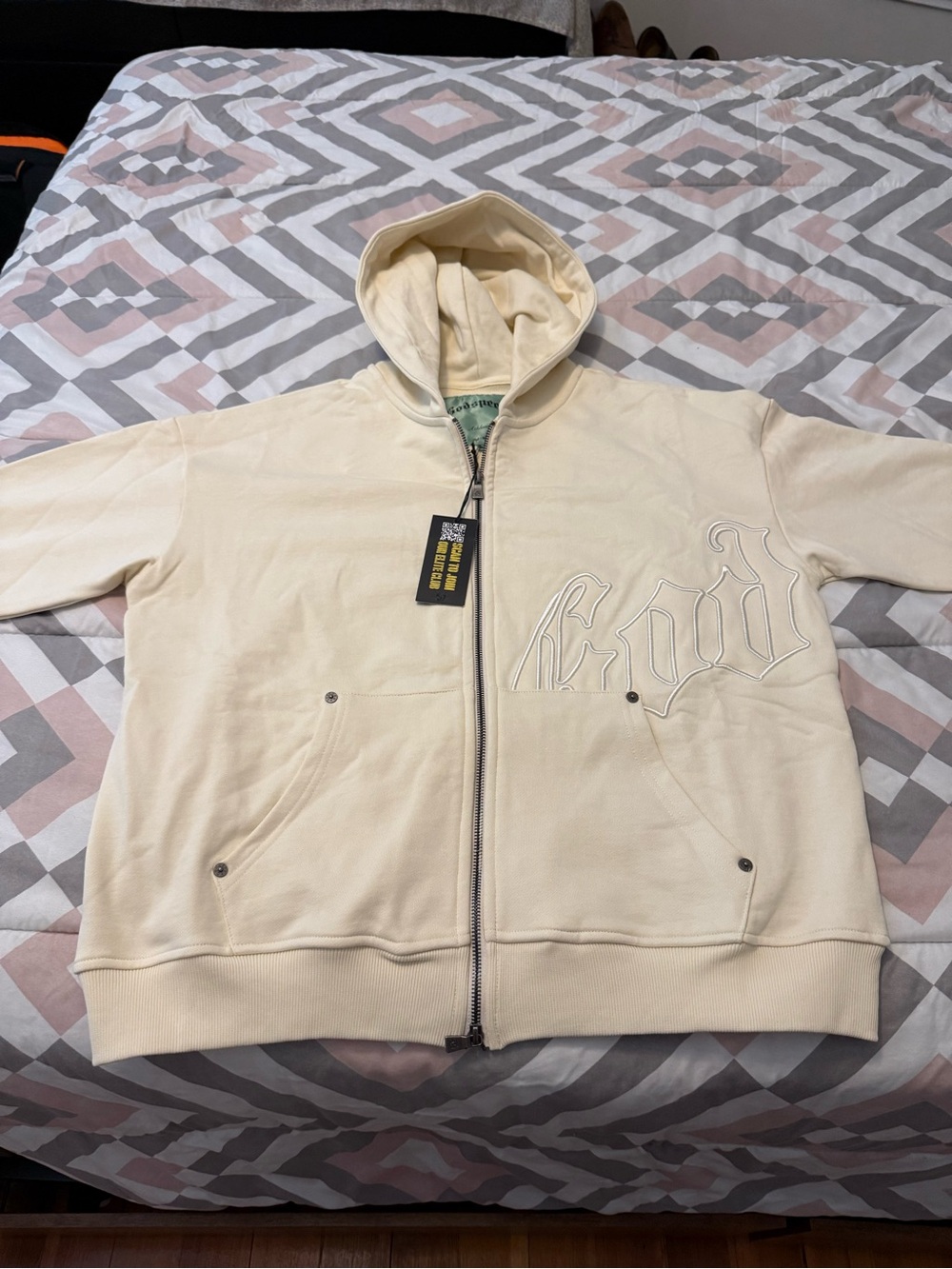 Godspeed Cream Zip-Up Hoodie with Embroidered 'Good' Script
